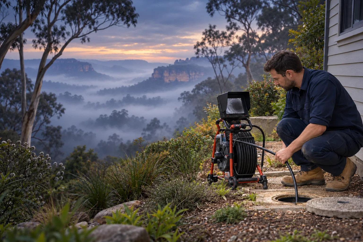Illustrative drain camera inspection beside a Blue Mountains home, with mist across the sandstone escarpment