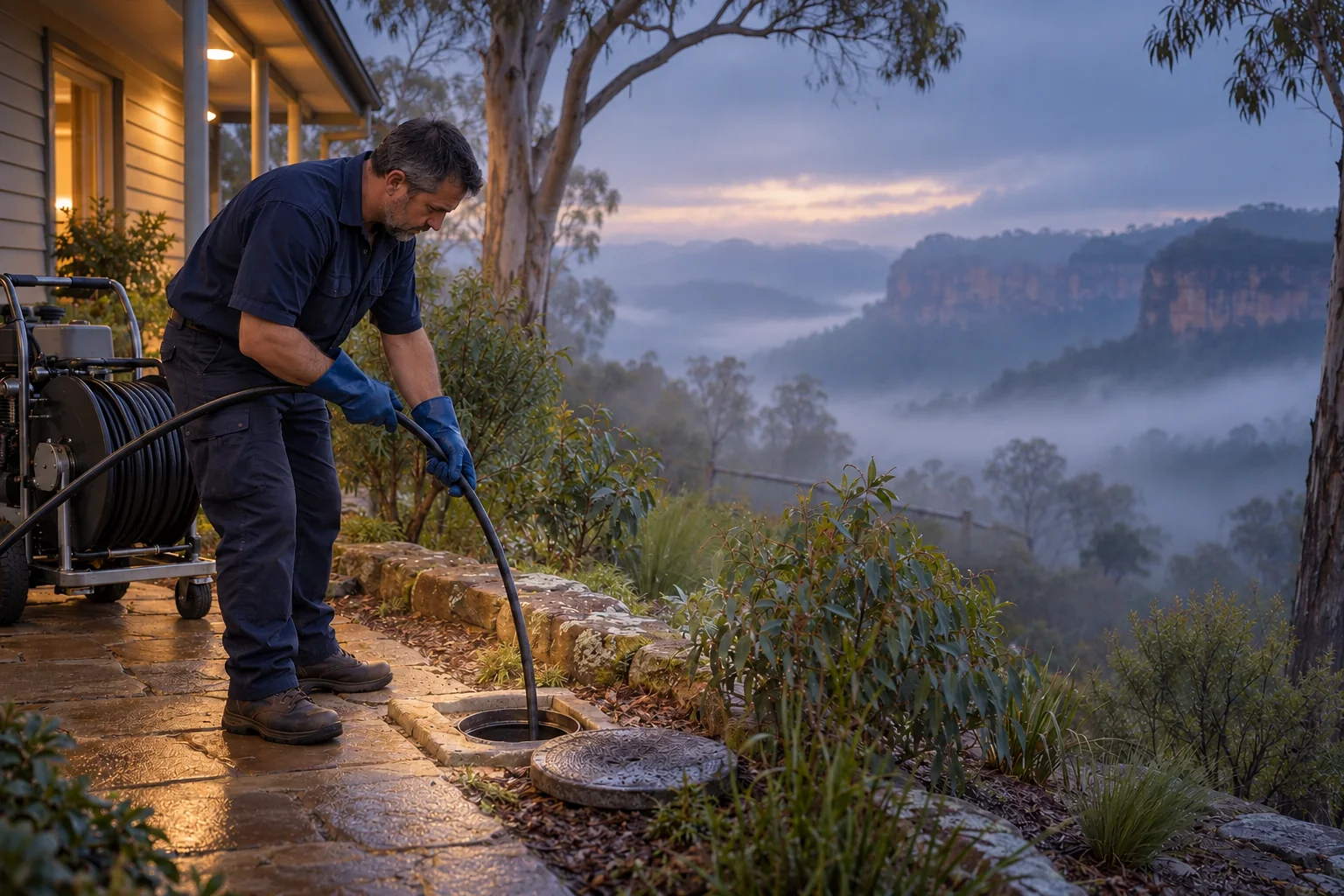 Illustrative drain-clearing work beside a Blue Mountains home at twilight