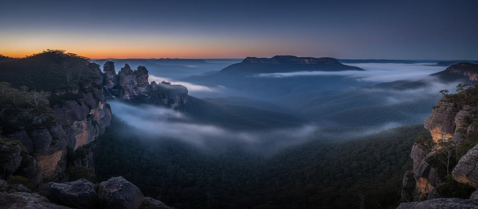 Misty Blue Mountains escarpment at twilight