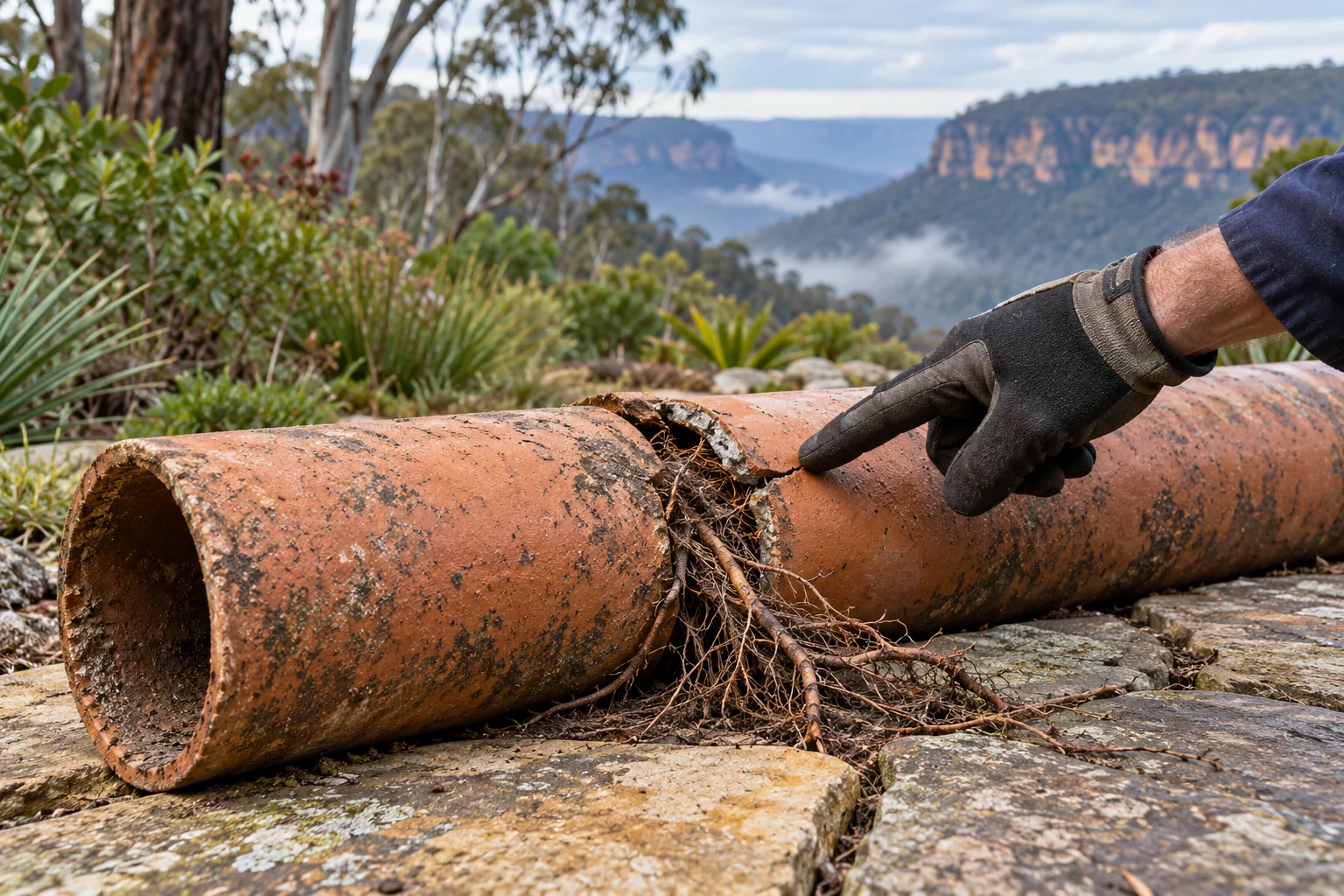 Illustrative tree roots & pipe condition photograph in a Blue Mountains setting