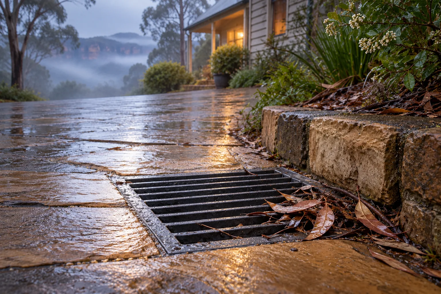 Outdoor stormwater grate and sandstone path after rain